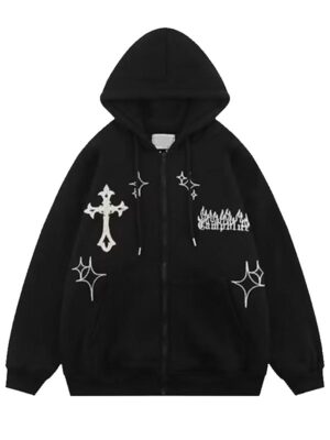 Rhinestone Zipper Fleece Hoodie