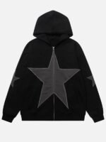 Star Patch Oversized Black Zip-Up Hoodie