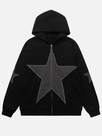 Star Patch Oversized Black Zip-Up Hoodie