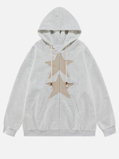 Unisex Star Patch Oversized Zip-Up Hoodie