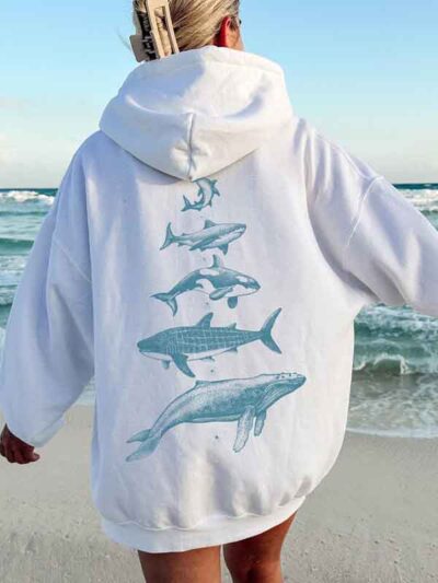 Whale And Shark Print Oversized Hoodie