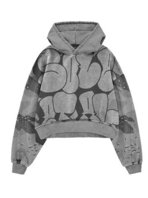 Urban Gray Camo Graffiti Oversized Cropped Hoodie