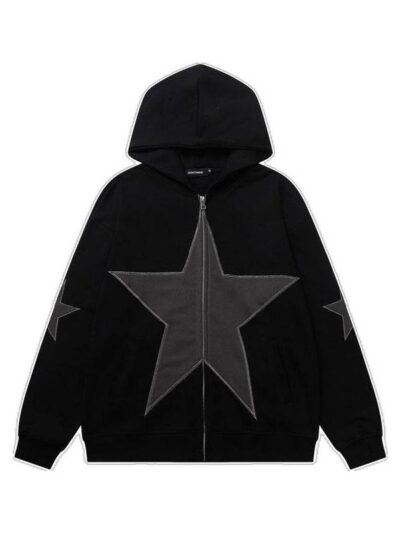 Vintage Star Patch Zipper Fleece Hoodie