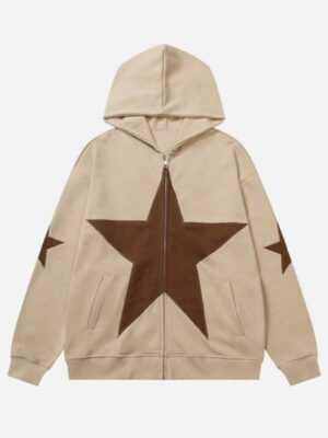 Vintage Star Patch Zipper Fleece Hoodie