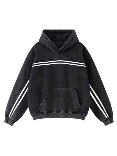 Vintage Washed Oversized White Stripe Black Pullover Hoodie