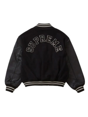 New FW23 S Small Supreme Tiger Black Varsity Wool & Leather Jacket