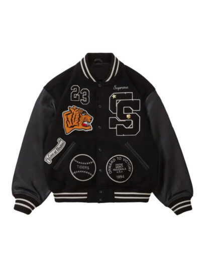New FW23 S Small Supreme Tiger Black Varsity Wool & Leather Jacket