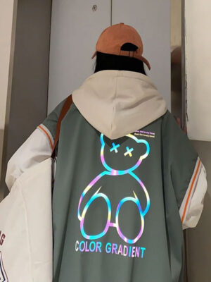 Bear Color Gradient Oversized Hooded Varsity Jacket