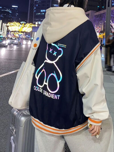 Bear Color Gradient Oversized Hooded Varsity Jacket