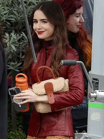 Emily In Paris S04 Lily Collins Maroon Leather Jacket