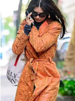 Emily Ratajkowski Orange Leather Trench Coat