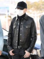 Fashion Suga BTS Airport Trucker Black Leather Jacket