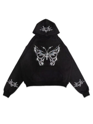 Heart Spider Web Butterfly Oversized Black Hoodie