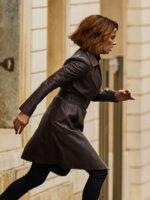 Kate Beckinsale Canary Black 2024 Brown Leather Coat