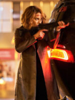 Kate Beckinsale Canary Black 2024 Brown Leather Coat