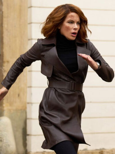 Kate Beckinsale Canary Black 2024 Brown Leather Coat