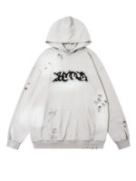 Letter Patch Ripped Oversized Pullover Hoodie