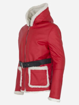 Mens Santa Claus Red Leather Hooded Jacket