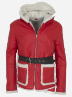 Mens Santa Claus Red Leather Hooded Jacket