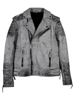 Men’s Smoke Gray Quilted Biker Weathered Leather Jacket