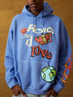 Peace And Love Oversized Blue Pullover Hoodie