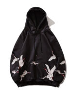 Red Crowned Crane Oversized Black Pullover Hoodie