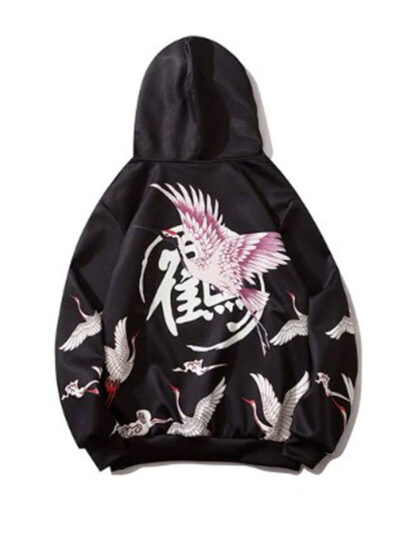 Red Crowned Crane Oversized Black Pullover Hoodie