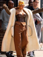 Rihanna Brown Shearling Long Leather Coat