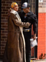 Rihanna Brown Shearling Long Leather Coat