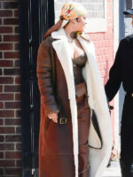 Rihanna Brown Shearling Long Leather Coat