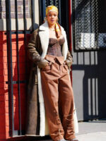 Rihanna Brown Shearling Long Leather Coat