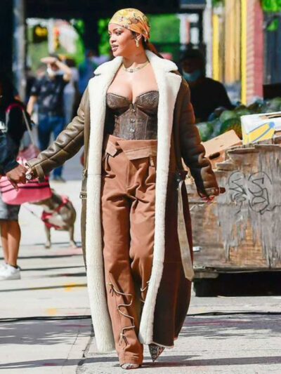 Rihanna Brown Shearling Long Leather Coat