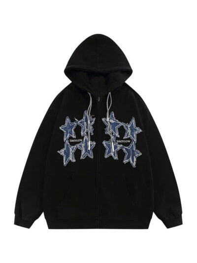 Saercow Denim Stars Patch Zip-Up Hoodie