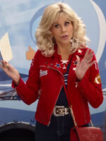 80 for Brady Jane Fonda Red Zipper Leather Jacket