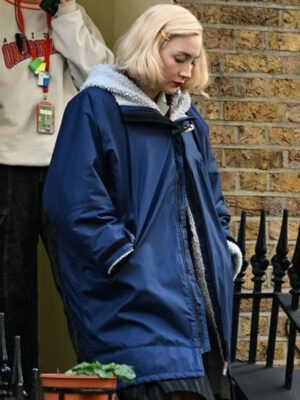 Blitz 2024 Saoirse Ronan Blue Shearling Hooded Jacket