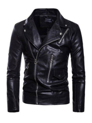 Men's Black Motorcycle Lapel Leather Jacket