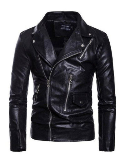 Men's Black Motorcycle Lapel Leather Jacket