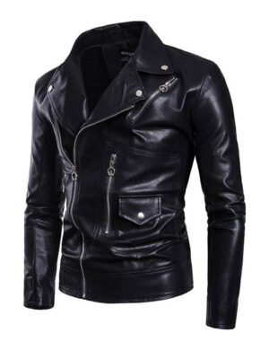 Men's Black Motorcycle Lapel Leather Jacket