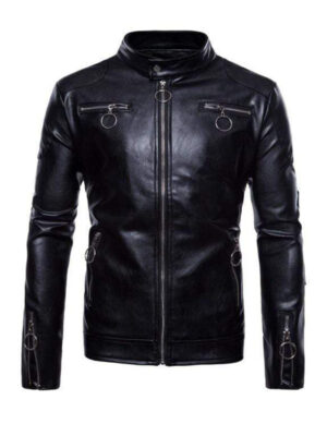 Stand Collar Motorcycle Black Jacket