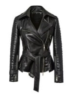 Motorcycle Belted Asymmetrical Black Leather Jacket
