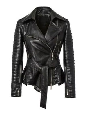 Motorcycle Belted Asymmetrical Black Leather Jacket