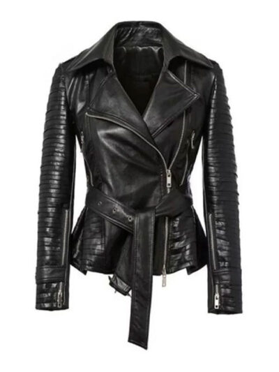 Motorcycle Belted Asymmetrical Black Leather Jacket