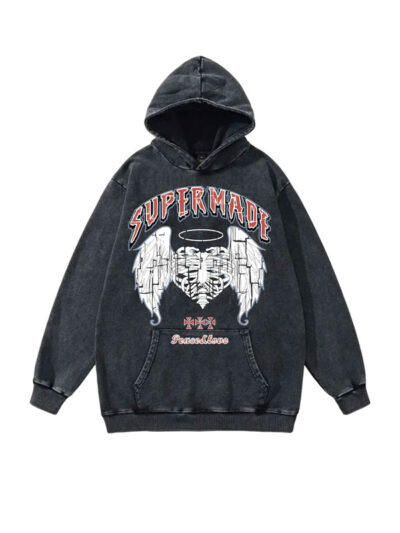 Super Made Skull Wings Black Washed Pullover Hoodie