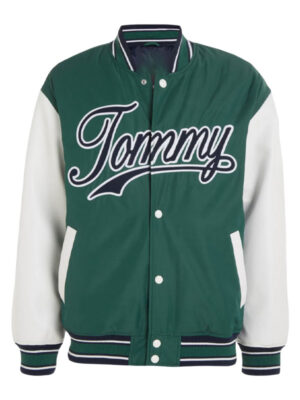 Tommy Jeans Green Satin Varsity Bomber Jacket