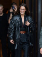 Bella Hadid Oversized Black Leather Zipper Jacket