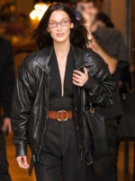 Bella Hadid Oversized Black Leather Zipper Jacket