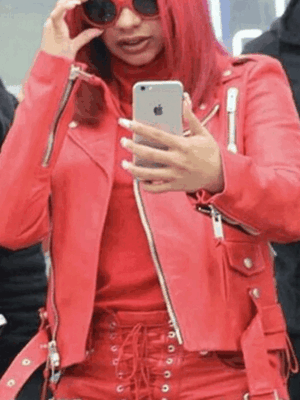 Cardi B Red Real Leather Biker Jacket