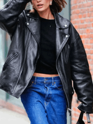 NYC 2023 Hailey Bieber Black Biker Leather Jacket