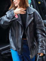 NYC 2023 Hailey Bieber Black Biker Leather Jacket