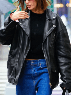 NYC 2023 Hailey Bieber Black Biker Leather Jacket